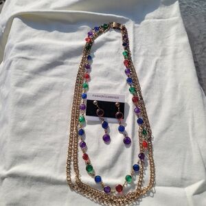 1970s Multi-Strand Necklace  and Earrings Set With Multi-Color Faux Crystals